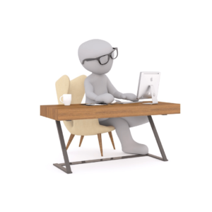 comic-style drawing: generic person sitting at computer desk